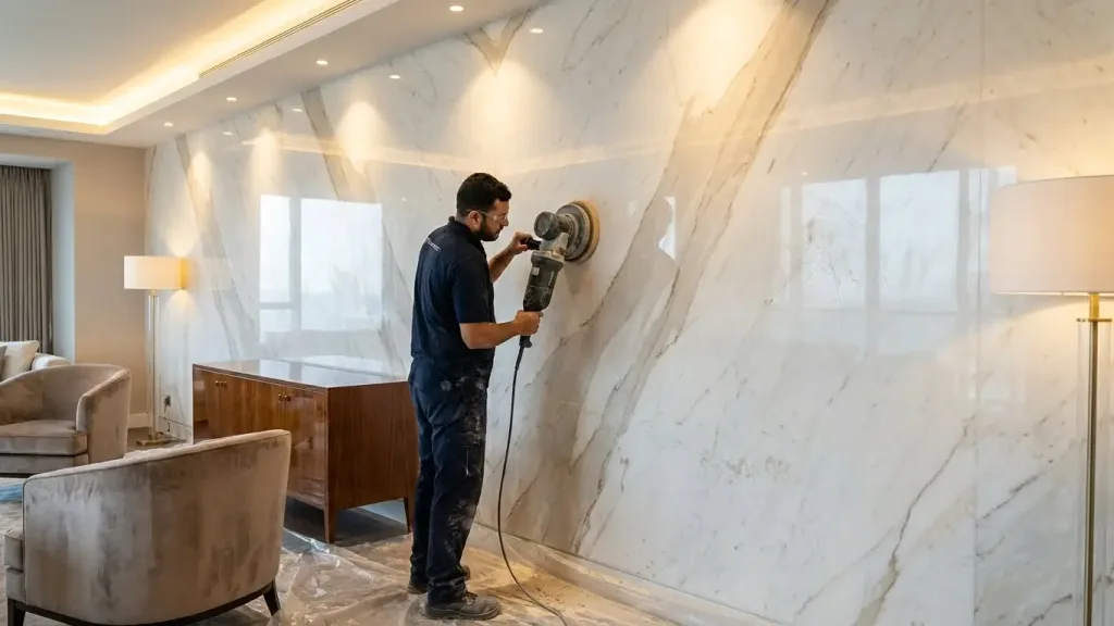 Professional marble wall polishing in UAE and KSA for luxury interiors | تلميع جدران الرخام في الإمارات والسعودية