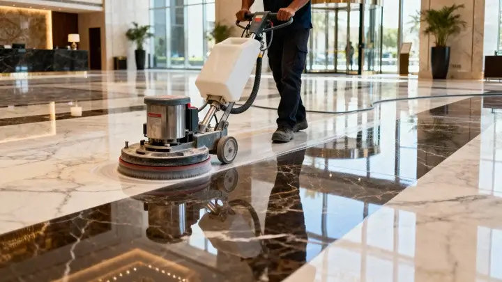 Professional marble polishing machine restoring floor shine in Saudi Arabia - Jeddah Riyadh and Makkah
