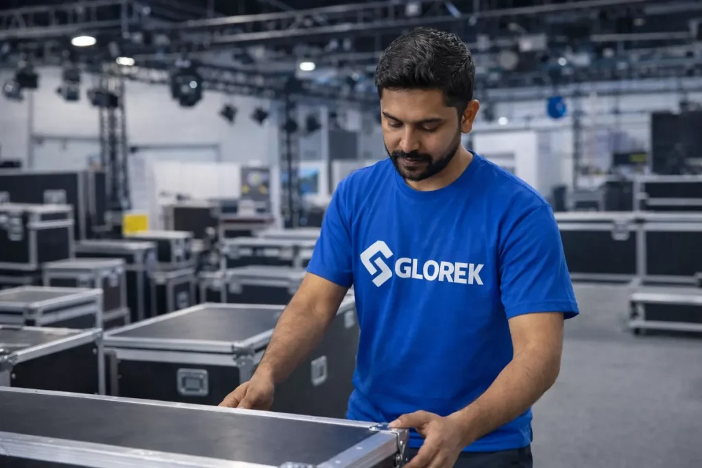 Professional Glorek logistics team managing equipment transportation and loading for a large-scale exhibition in Dubai, UAE.