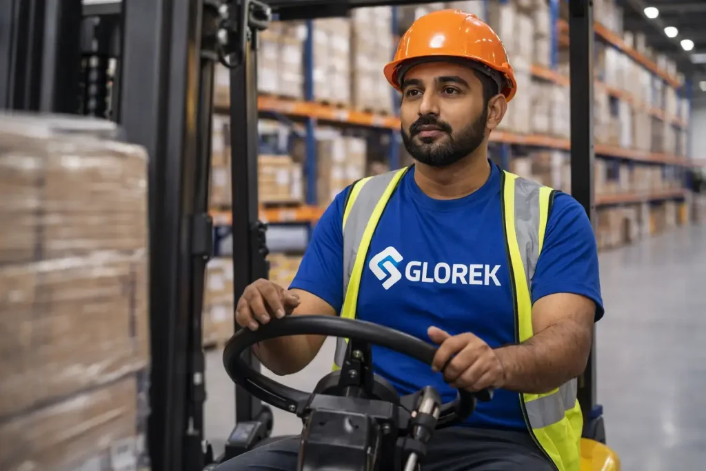 Forklift operator in Glorek uniform operating forklift inside warehouse in UAE and KSA