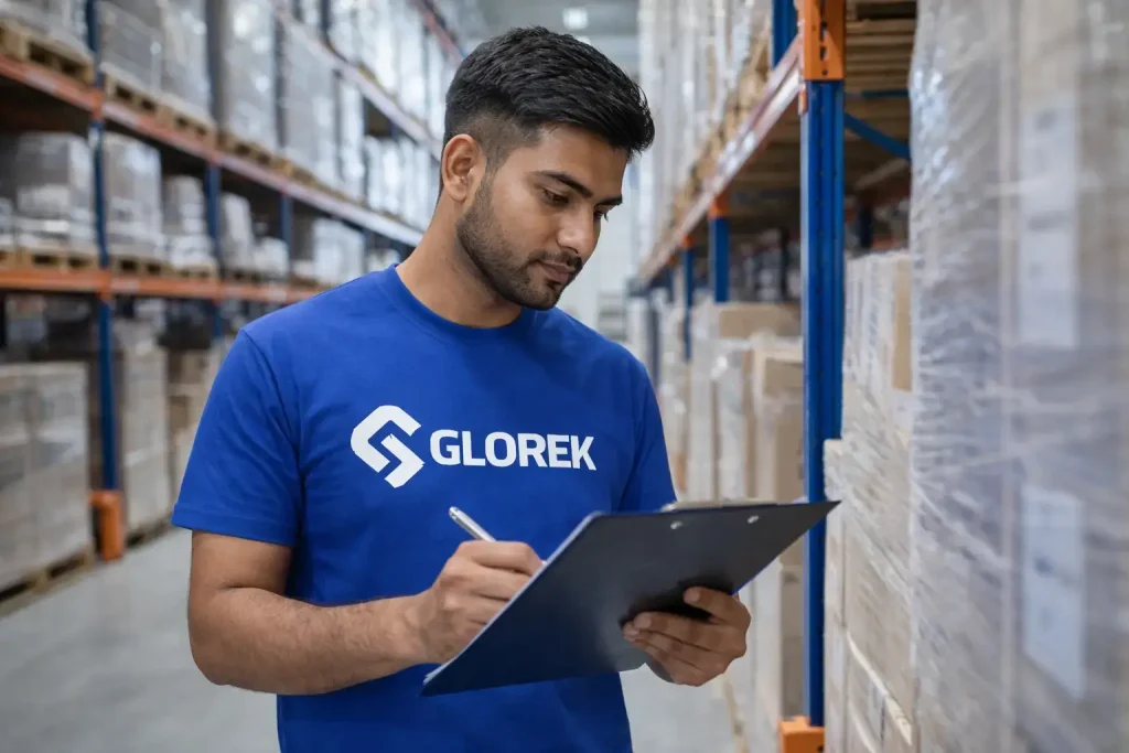 Inventory controller in Glorek uniform checking stock levels using tablet in warehouse in UAE and KSA