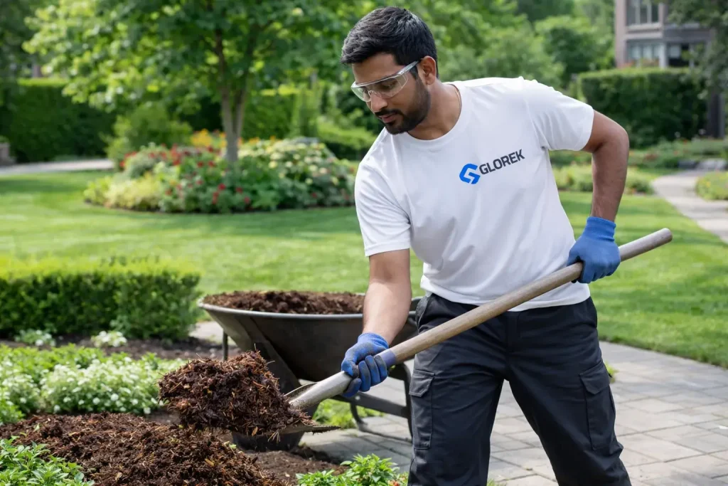 Professional Glorek landscaping team installing modern garden features and decorative stones for a luxury villa in Dubai, UAE.