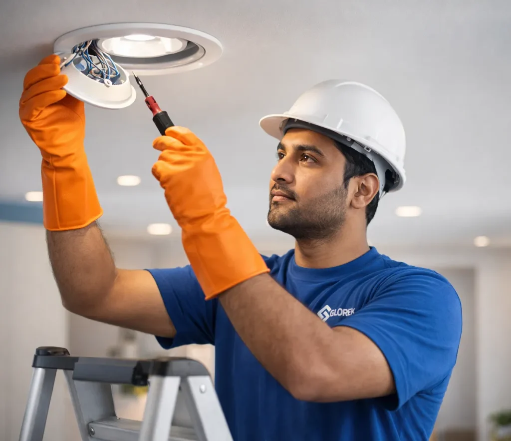 Glorek professional electrician installing and repairing indoor light fixtures and LED lights in a modern home in Dubai.