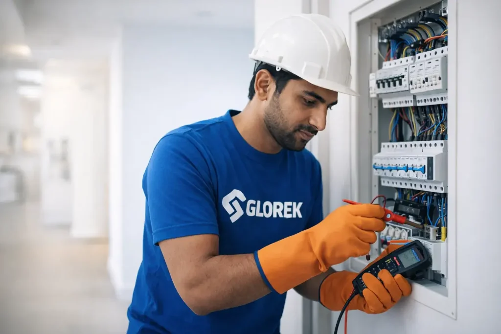 Glorek technicians diagnosing and fixing a sudden power fault to restore electricity in a residential building in Saudi Arabia.