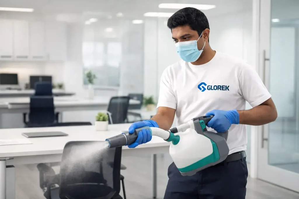 Glorek technician in protective gear performing professional home sanitization using eco-friendly disinfectants in a Dubai apartment to ensure a germ-free environment.