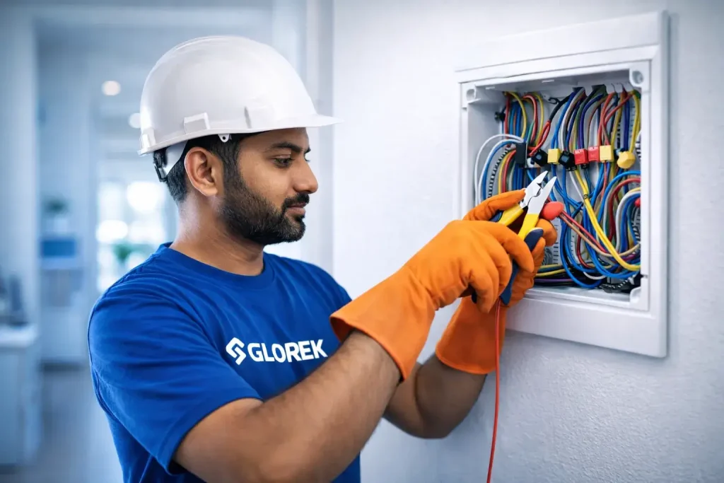 Skilled Glorek electrician troubleshooting and repairing faulty house wiring in Riyadh to ensure electrical safety and prevent fire hazards.