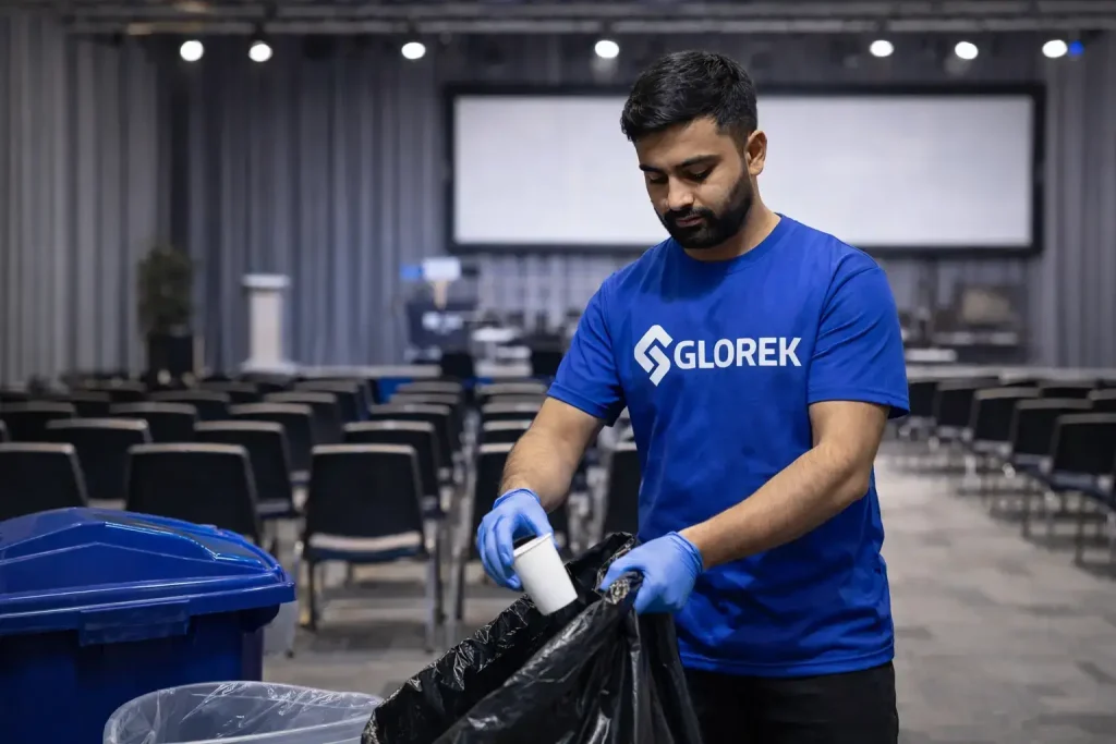Glorek’s professional cleaning team performing thorough post-event cleanup and waste management at a large exhibition hall in Dubai.