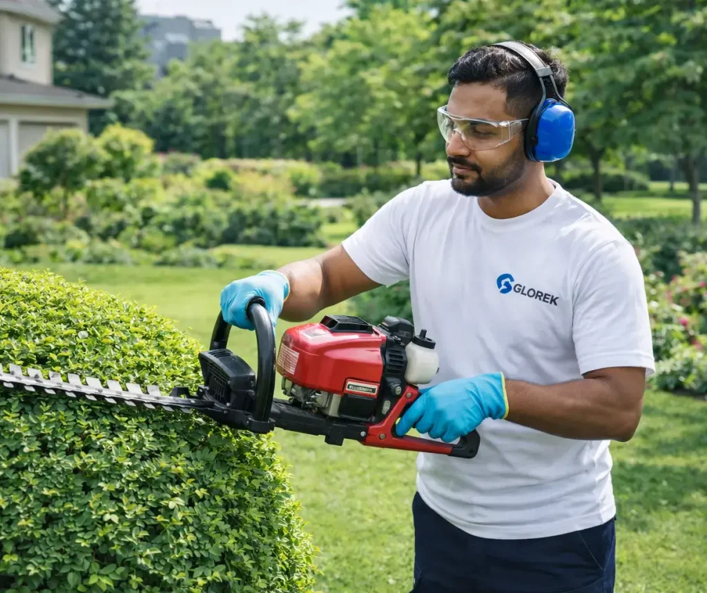 Experienced Glorek gardener providing professional lawn care and plant maintenance services for a luxury villa in Dubai, UAE.