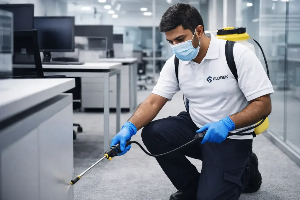 Glorek experts performing eco-friendly and odorless pest control treatment in a modern office building in Dubai and Riyadh to ensure a pest-free workspace.