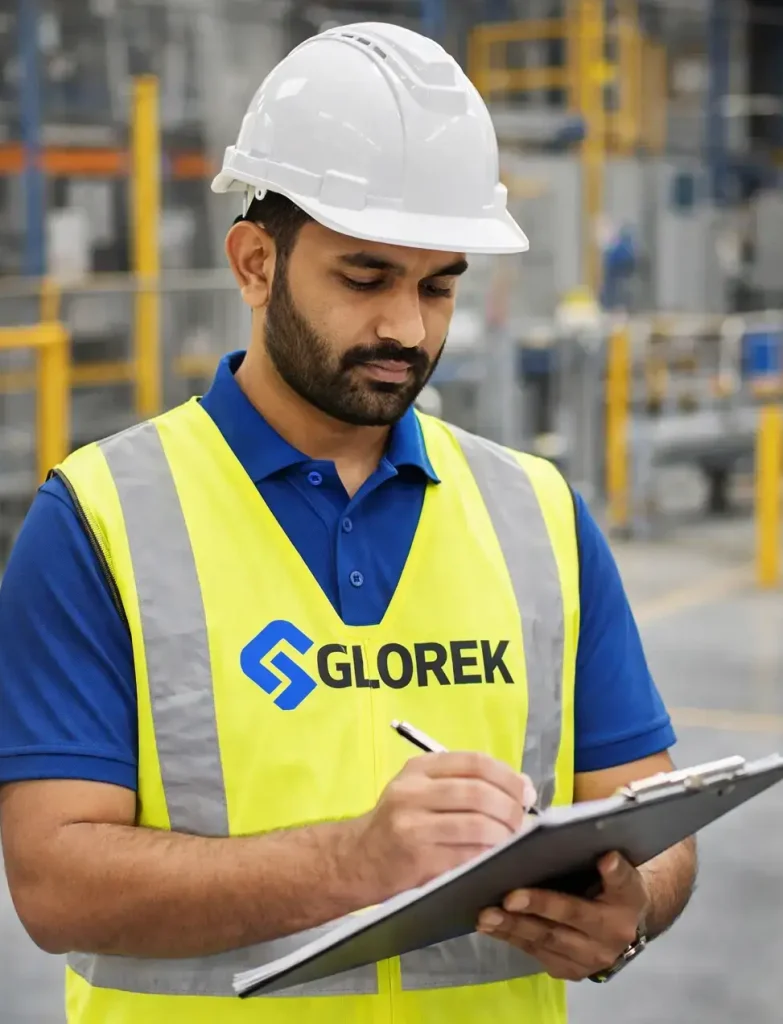 Safety officer wearing helmet and Glorek uniform inspecting warehouse safety standards in UAE and Saudi Arabia