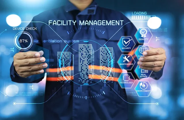 Facility management concept with holographic interface showing building systems, maintenance, security, quality, technology, real estate, and environment solutions