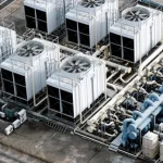 industrial HVAC cooling units and ventilation fans on a high-rise building rooftop